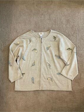 🌿💛 Talbots Linen Cotton Zip Cardigan Leaf Embroidered XL Sweater Coastal Grandma